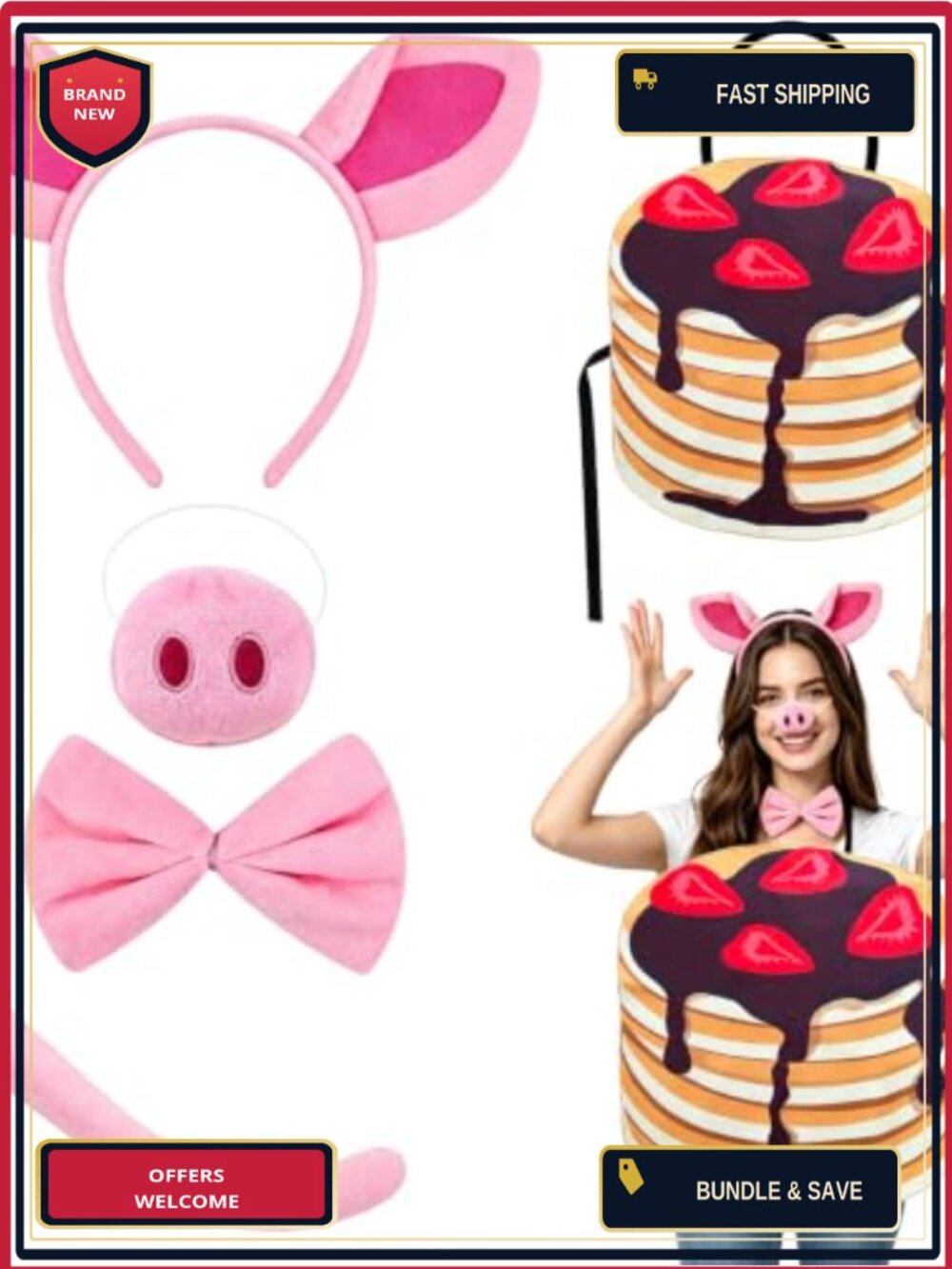Adult Pig Muffin Costume 5Pc Plush Pancake Tunic Halloween Dress Up Set